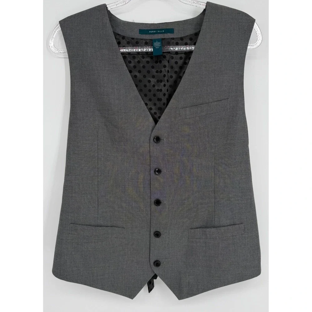 Perry Ellis Mens Gray Textured Suit Dress Vest‎ Waistcoat Polka Dot Back Sz L